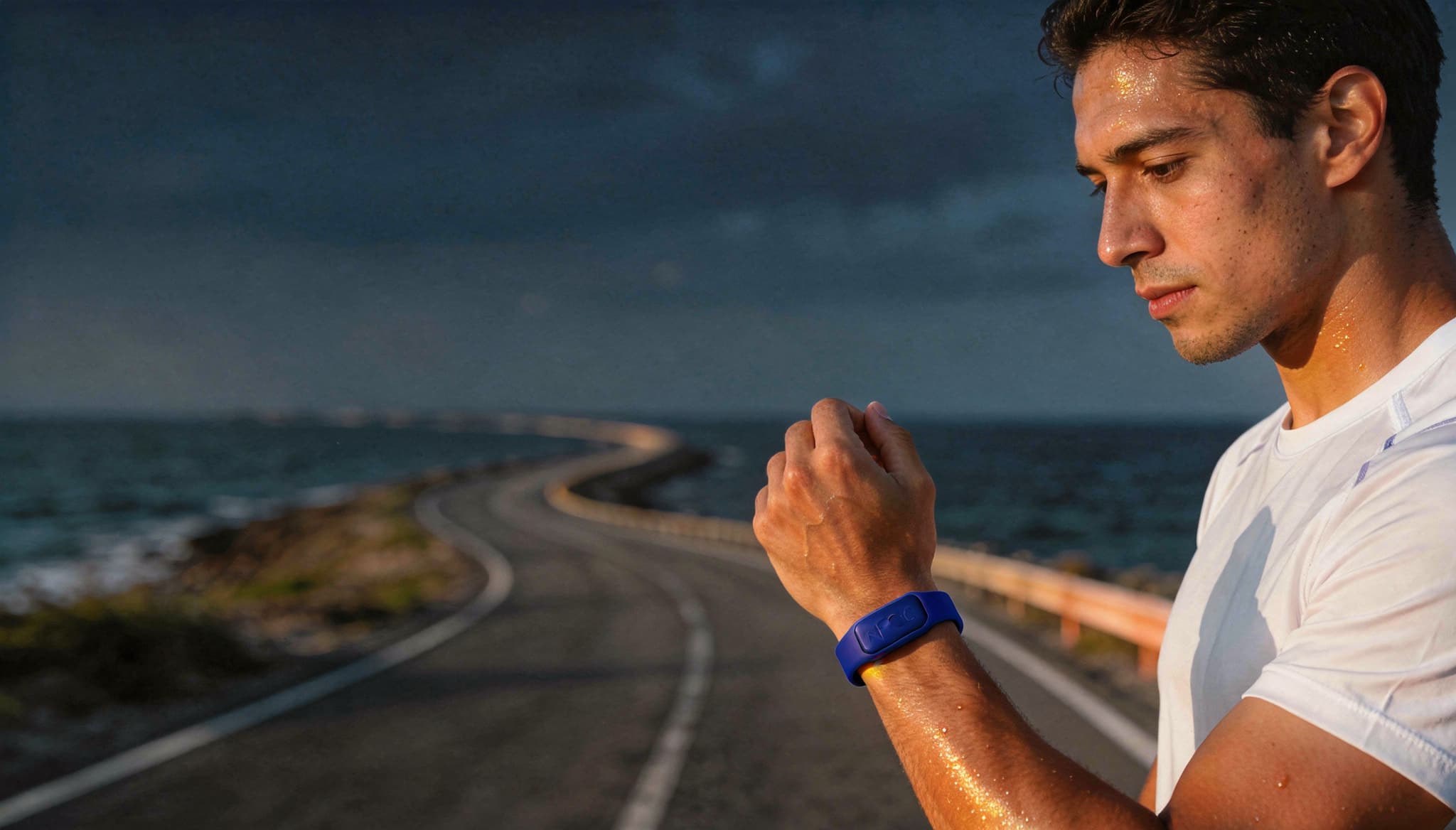 Corredor con la pulsera de PlayPass al atardecer en una ruta costera